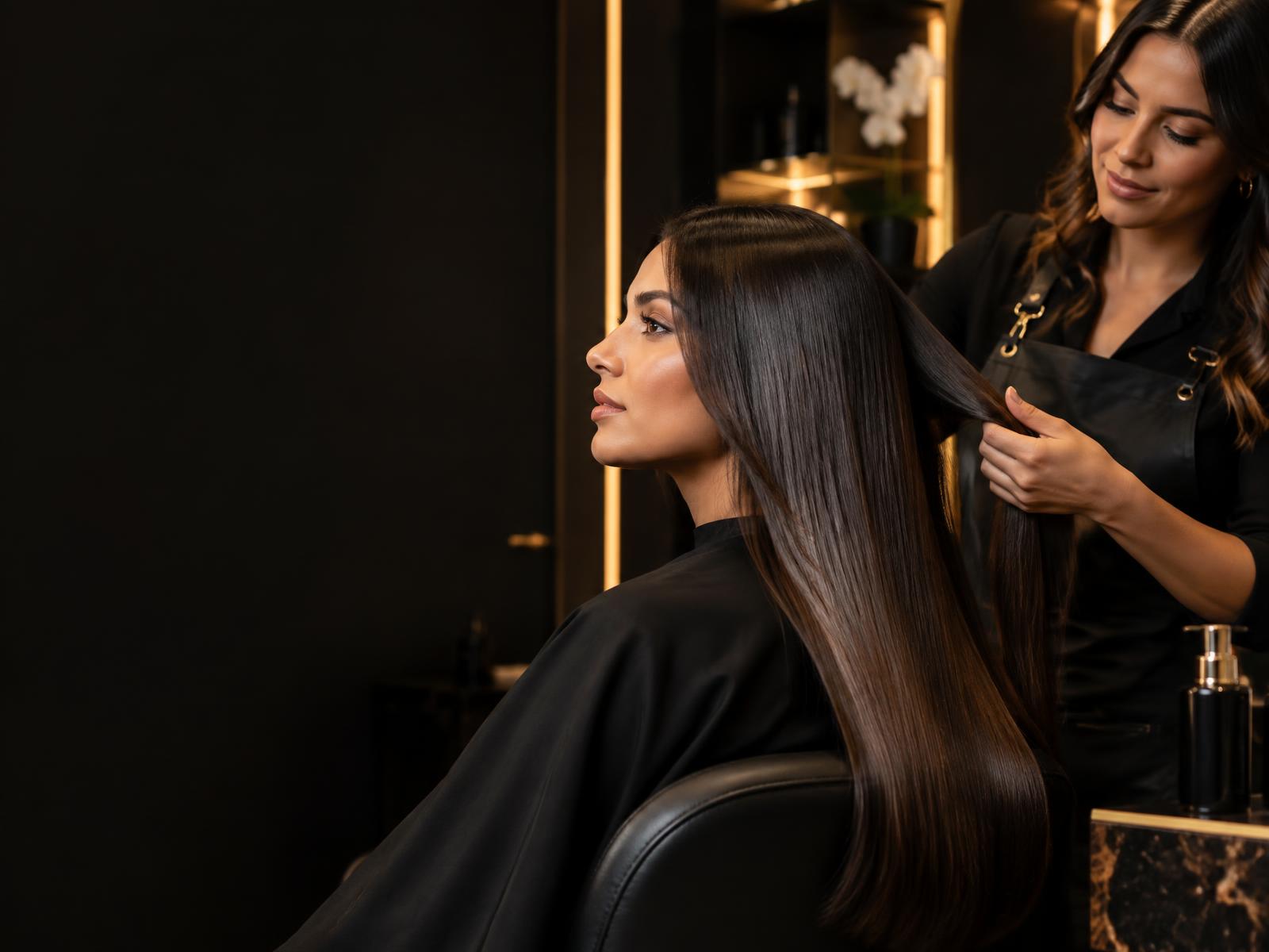 Estilista cuidando el cabello largo y brillante de una clienta